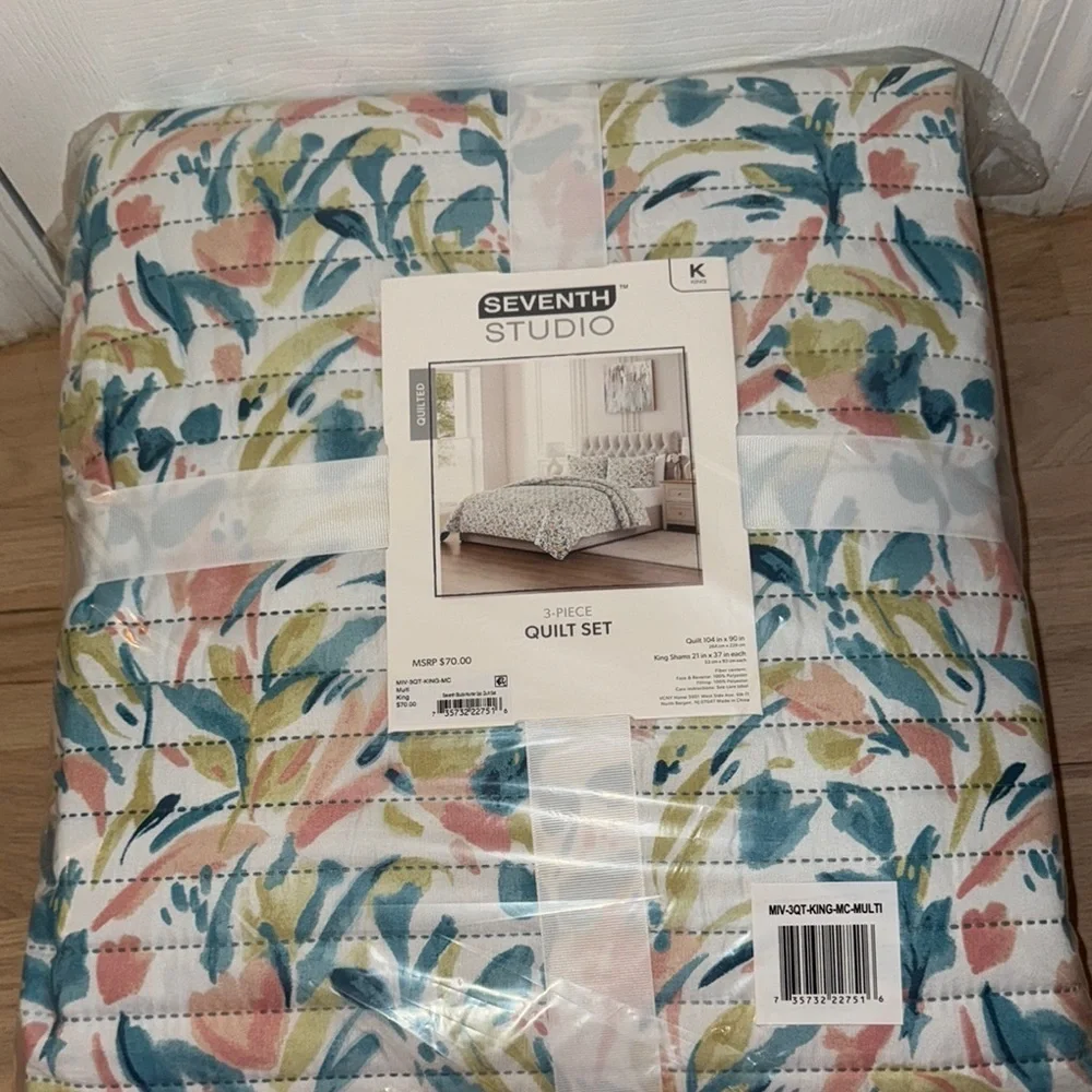 Blue and Pink Botanical Quilt Set Modern Bedding